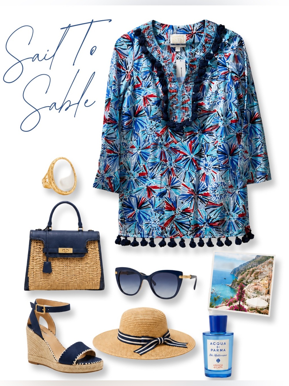 Sail-to-Sable Blue & Red Pom-Pom Tunic